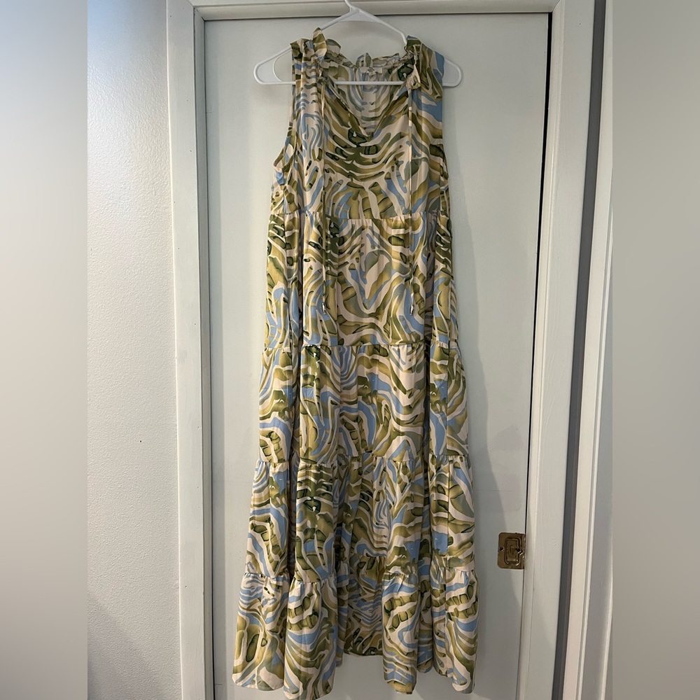 Green, blue, and white zebra print maxi dress